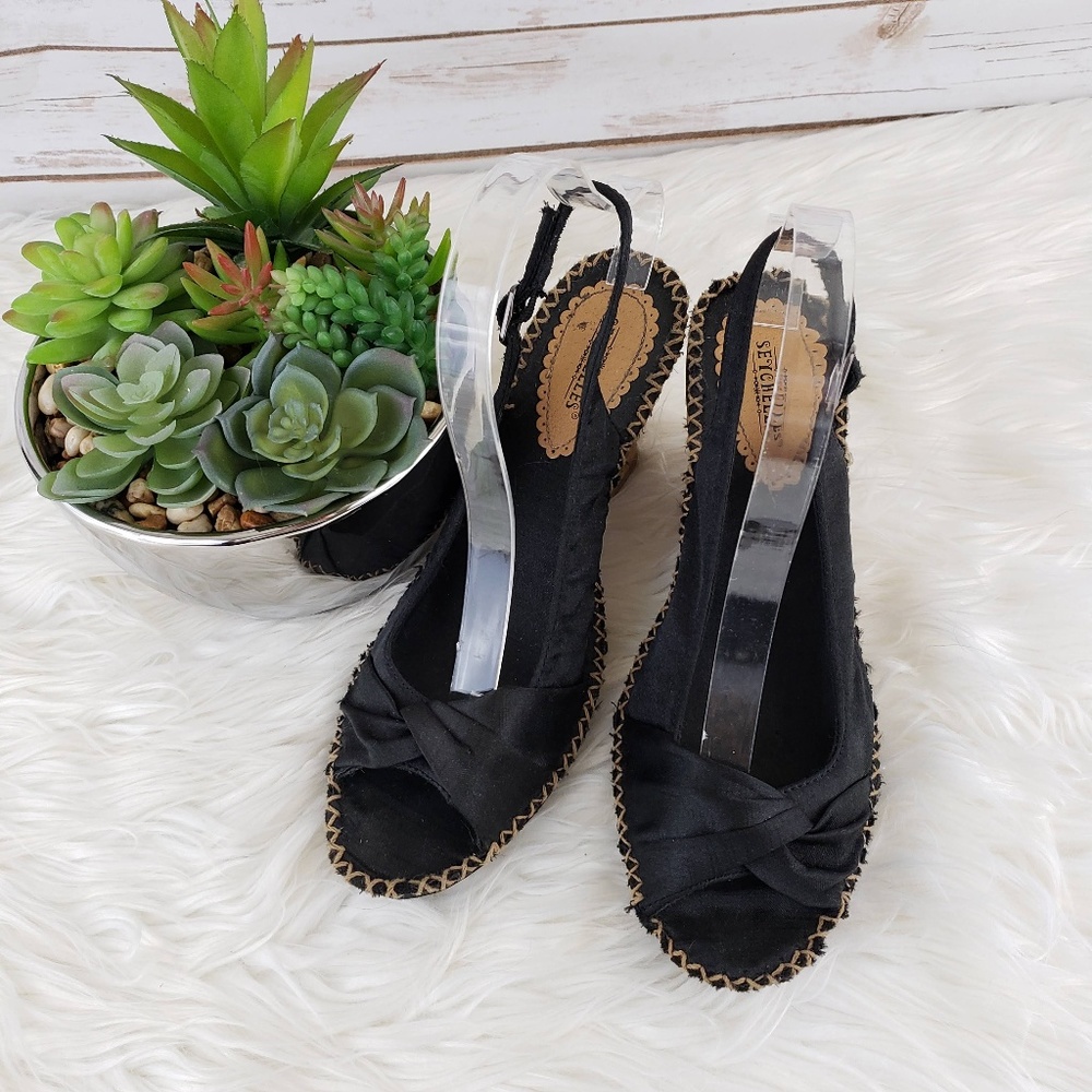Seychelles Black Knotted Espadrille Wedge Sandals